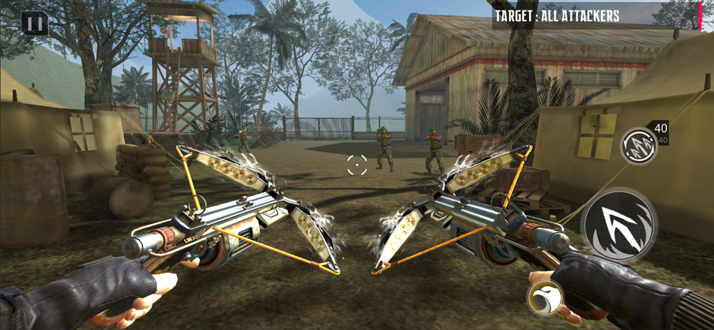 First person view of a player wielding dual crossbows in a military camp mission