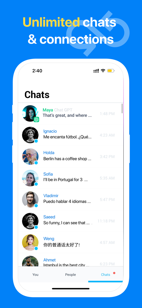 Idyoma app interface showing a list of active language exchange chat conversations