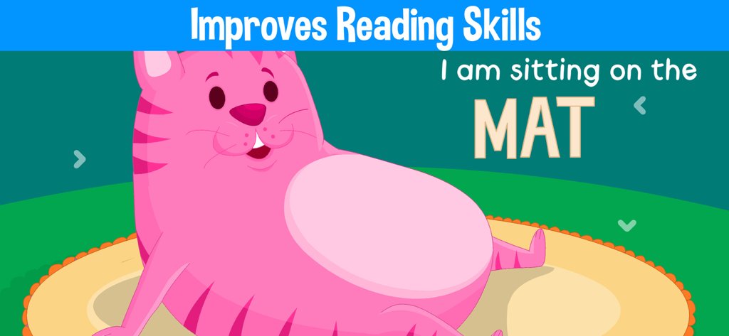 Learn To Read Stories For Kids - Pink cartoon cat sitting on a mat with educational reading text