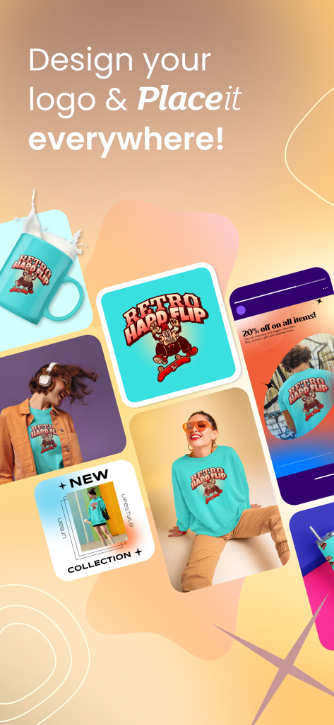 Placeit Mockups & Design - A collage showing a custom retro logo applied to various mockups like a mug, clothing, and social media posts