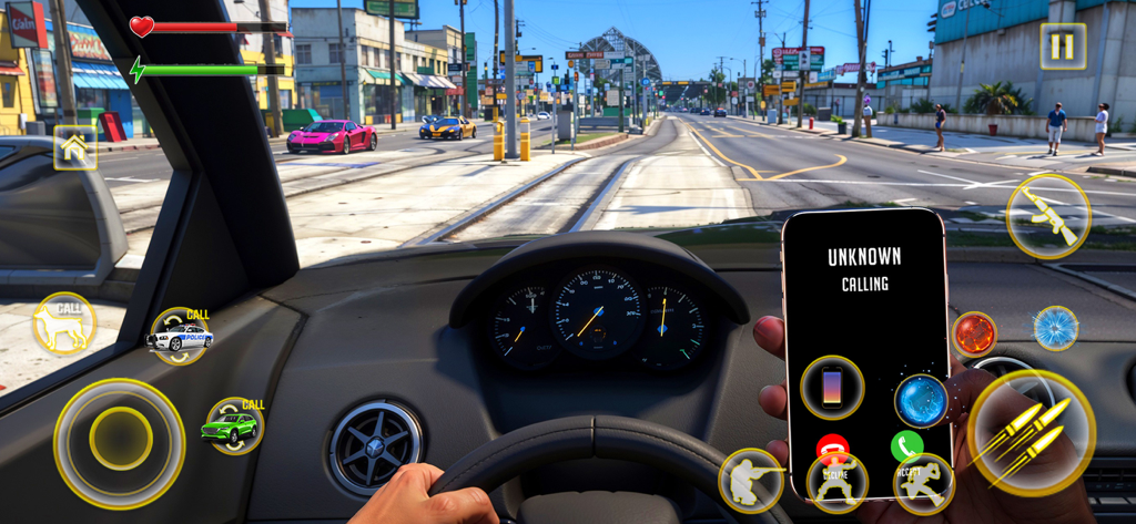 First person view of driving a car in a city with an incoming phone call in Gangster Simulator Crime Games