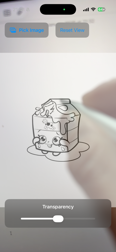 Transparent Drawing - Transparent Drawing app interface showing a character image overlay on a live camera feed for tracing on paper