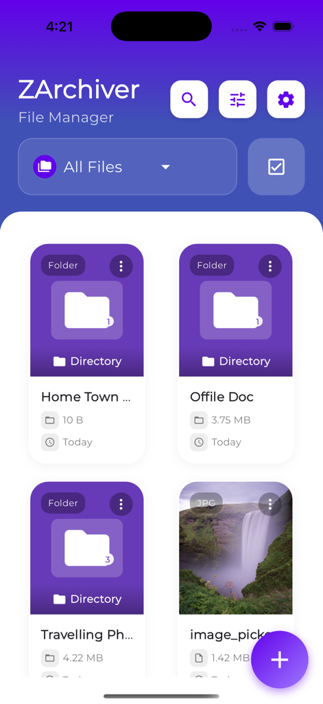 ZArchiver File Manager - ZArchiver File Manager interface on iOS showing organized folders and files in a purple themed grid view