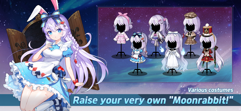 Idle MoonRabbit: AFK RPG - Lyn the Moonrabbit character with various cute costume options