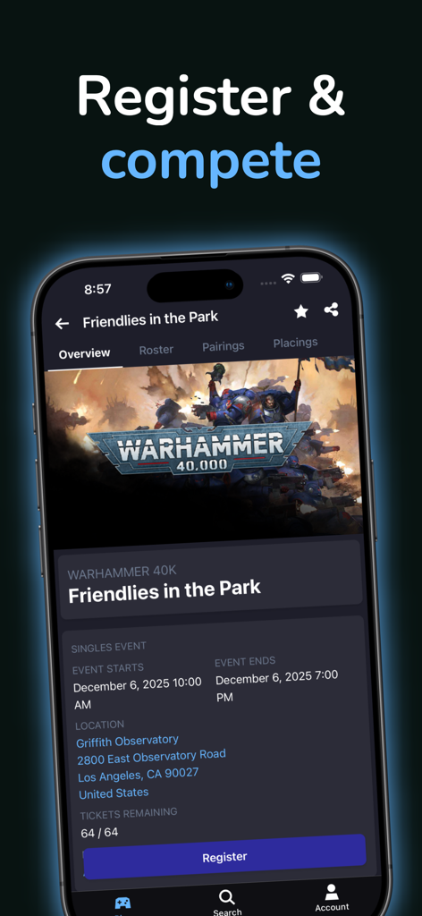 Best Coast Pairings - Best Coast Pairings app showing a Warhammer 40,000 event registration page with location and date details.