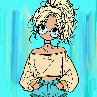 girl with a messy ponytail glasses a baggy crop top and jean shorts