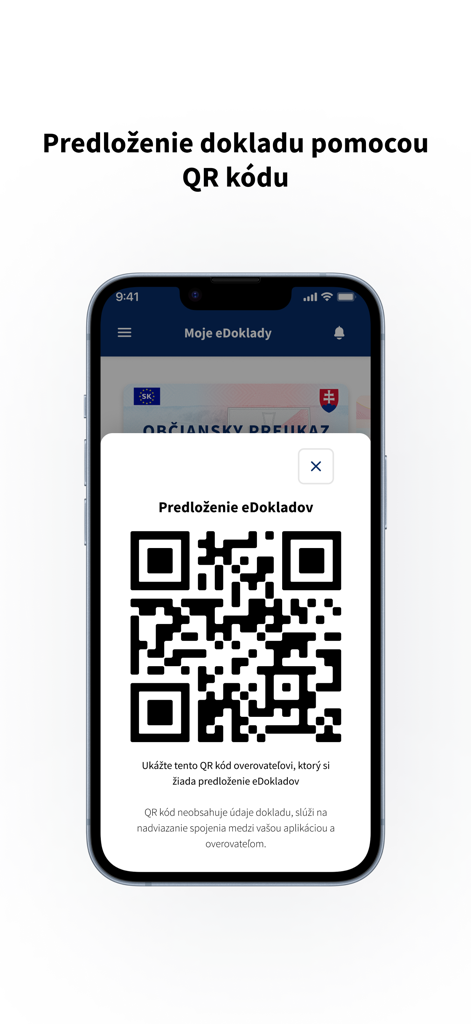 eDOKLADY - Smartphone screen showing a QR code within the eDOKLADY app for digital identity verification