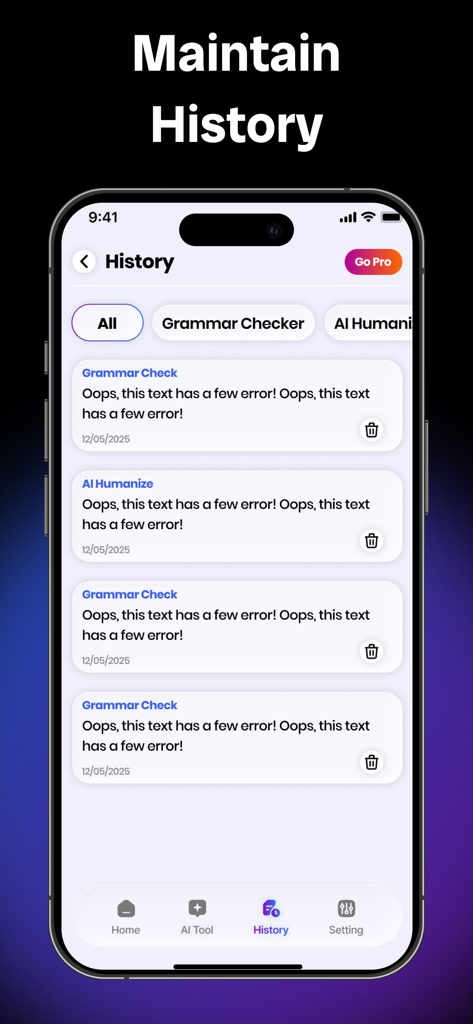 AI Humanizer - Text Rewriter - History screen of the AI Humanizer app listing previous grammar checks and humanized texts