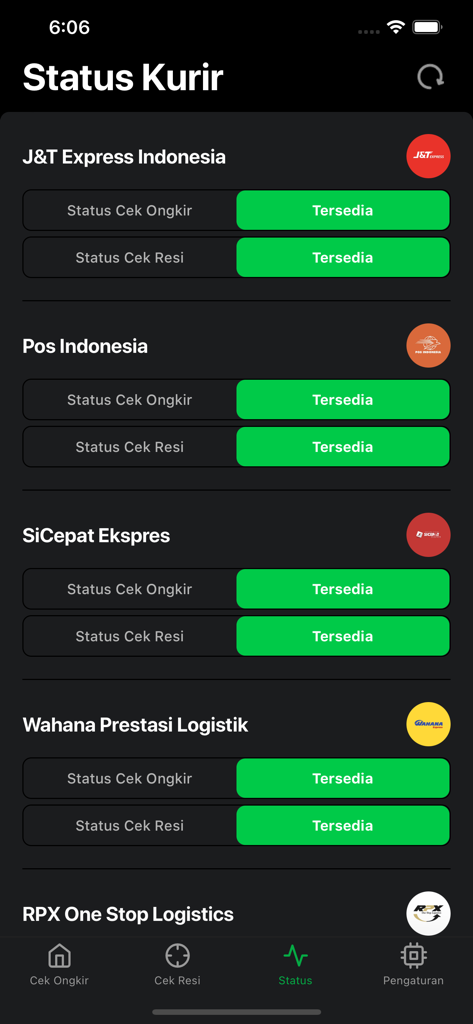 Kiriman+ - Courier status screen in Kiriman plus app showing availability for Indonesian shipping services
