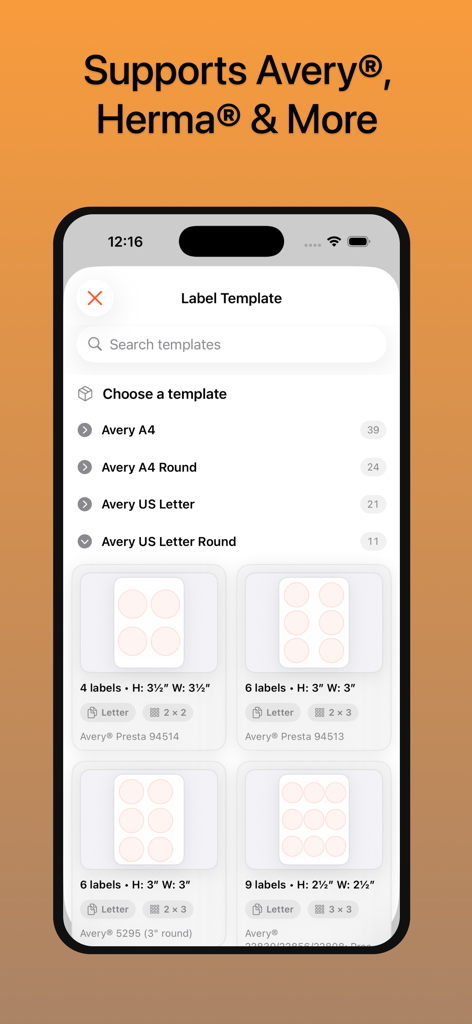 Pantalla de la aplicación Impresora de Etiquetas mostrando varias plantillas de etiquetas redondas Avery US Letter en un iPhone.