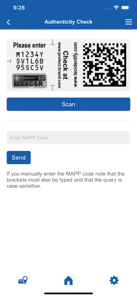 ATE Catalogue - Bildschirm zur Echtheitsprüfung der ATE Katalog-App zum Scannen von QR-Codes und Eingeben von MAPP-Codes zur Verifizierung von echten Autoteilen.