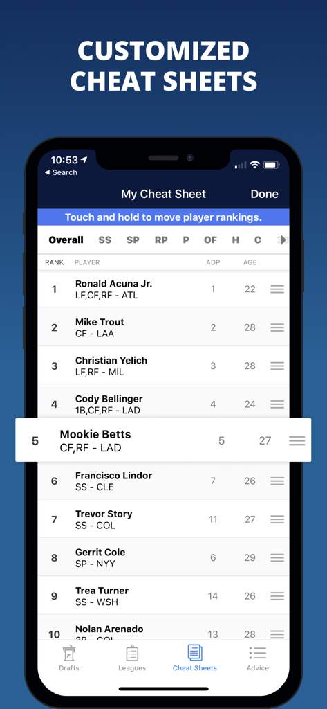 Customized fantasy baseball cheat sheet with player rankings and ADP.