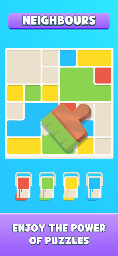 1001 Brain Zen Puzzles - A puzzle game screen from 1001 Brain Zen Puzzles showing the Neighbours game mode with a colorful grid and paint buckets