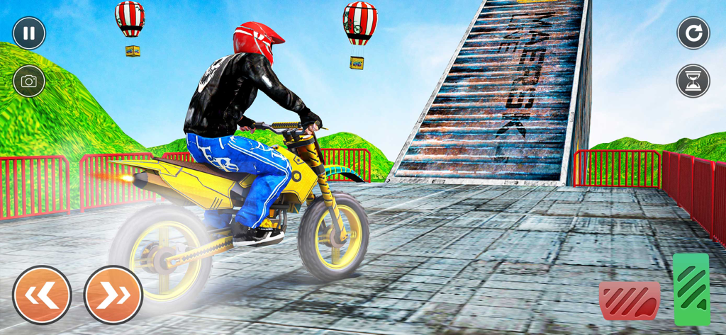 Real Stunt- Racing Bike Games - A player on a yellow motocross bike approaching a steep ramp in a 3D stunt game