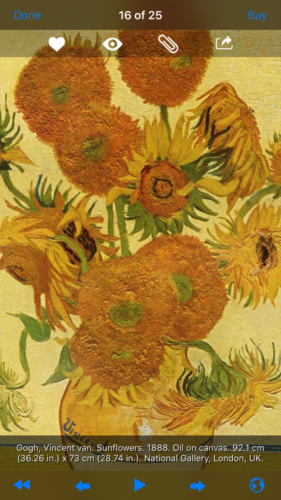 Art Authority - Vincent van Gogh Sunflowers painting displayed within the Art Authority app with historical details