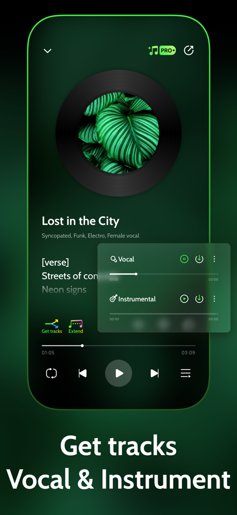 Music player interface of SongMaker AI showing options to extract vocal and instrumental tracks from a song