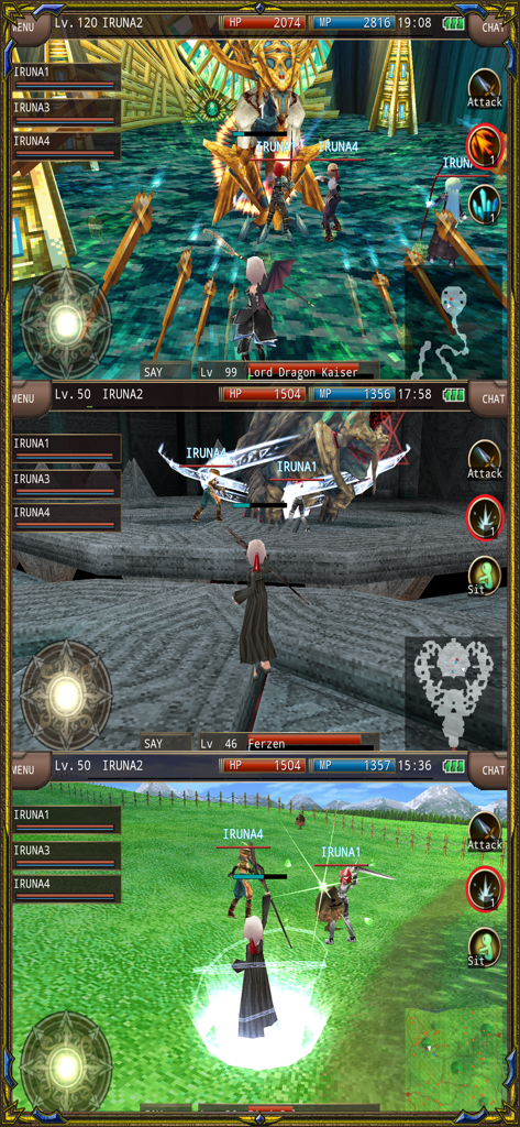 RPG IRUNA Online MMORPG - A collage of three gameplay screenshots from RPG IRUNA Online showing party battles against bosses and field enemies.