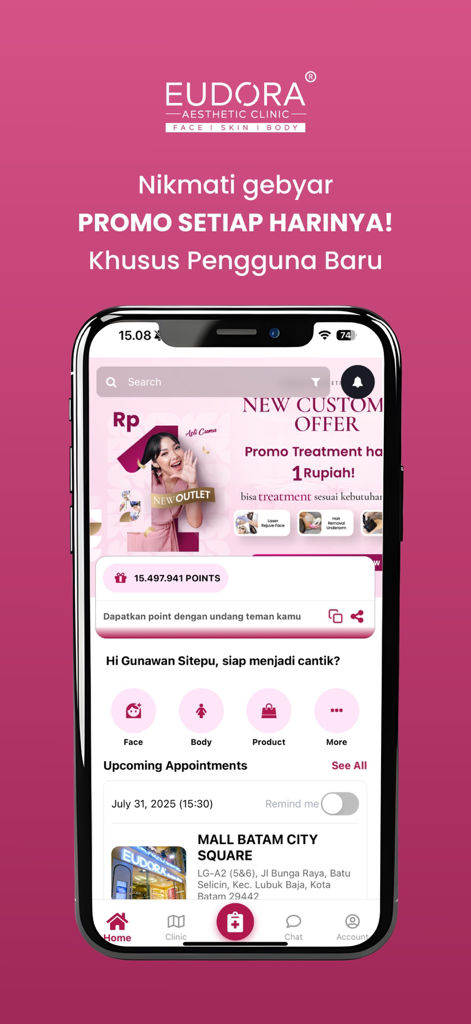 EUDORA AESTHETIC - Écran d'accueil de l'application mobile Eudora Aesthetic présentant des offres promotionnelles, des points de fidélité et le calendrier des prochains rendez-vous.