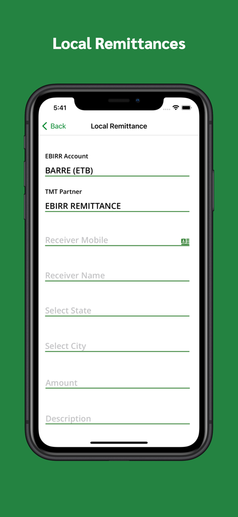 Ebirr - Ebirr mobile app screen showing the local remittance form with fields for receiver mobile number and name