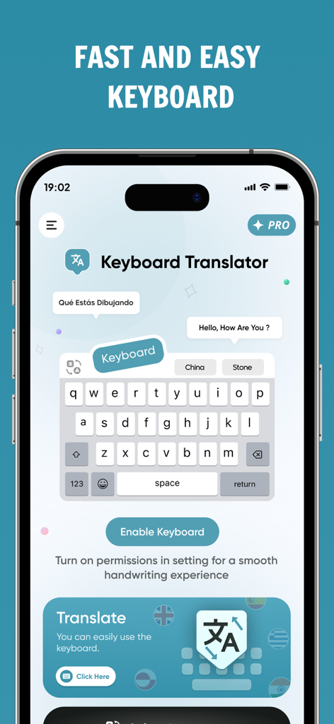 Translate AI Keyboard Language - Interfaz de la aplicación Translate AI Keyboard que muestra traducción de chat multilingüe rápida y fácil en una pantalla de iPhone