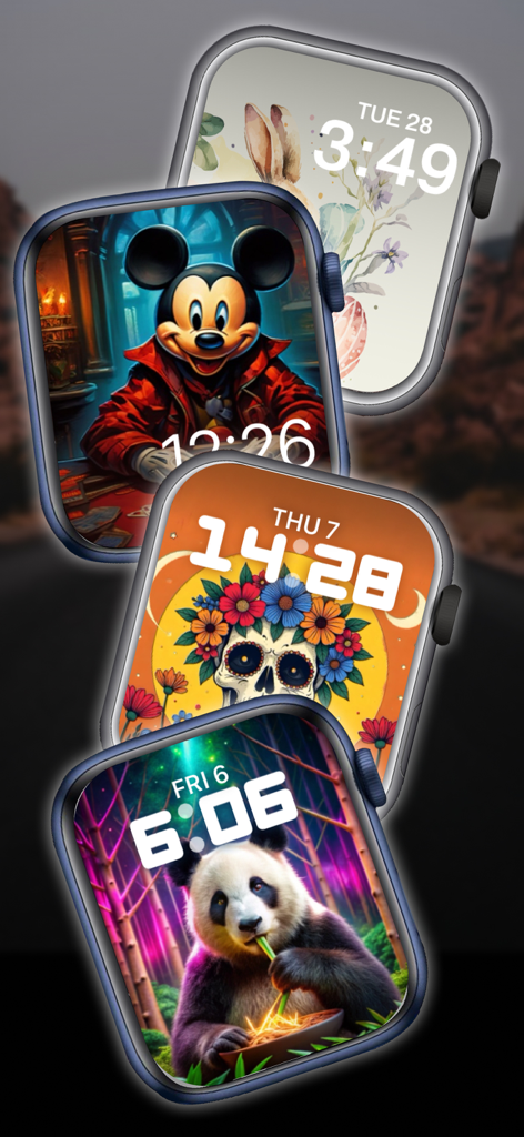 Watch Faces - Live Gallery - A collection of artistic Apple Watch faces featuring a panda, a floral skull, and animated characters.