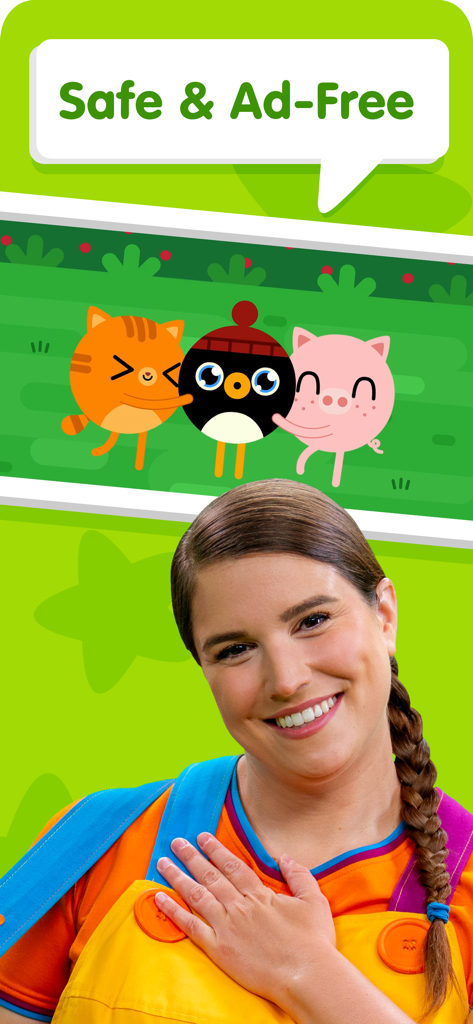 Caitie aus Caitie's Classroom lächelt unter animierten Charakteren und einem Banner für sichere und werbefreie Inhalte.