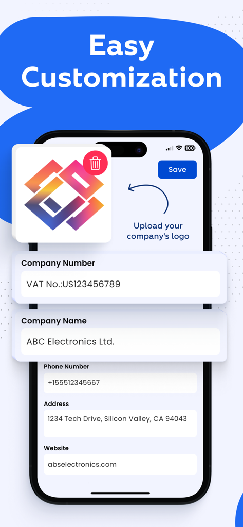 Invoice Maker & Generator App - Tela de aplicativo móvel mostrando a personalização do perfil da empresa com upload de logotipo e detalhes do negócio para faturas profissionais.