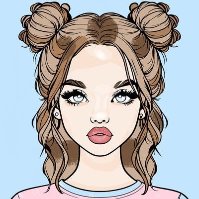 realistic girl with two buns in hair and lips