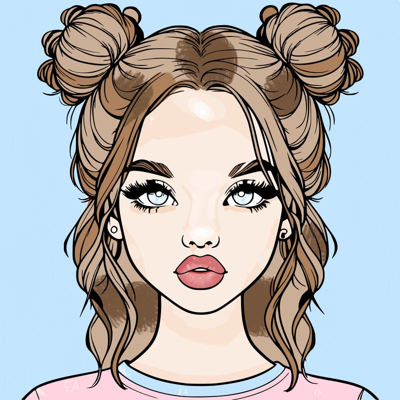 realistic girl with two buns in hair and lips