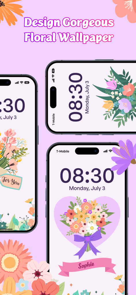 Flower Language Keyboard Color - Three iPhones displaying custom aesthetic floral wallpapers created with the Flower Language Keyboard app.