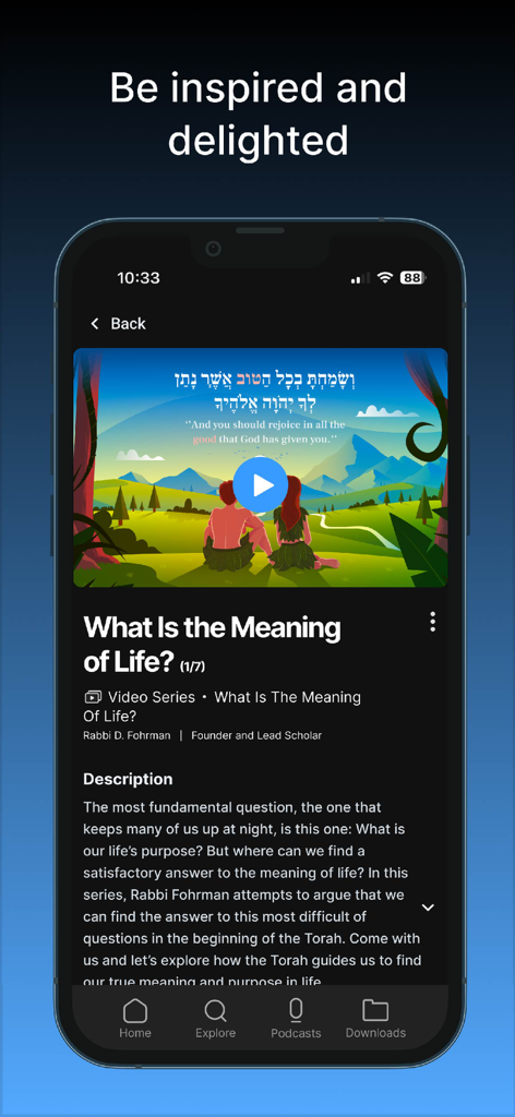 Aleph Beta Torah Videos - Aleph Beta mobile app screen displaying a Torah video titled What Is the Meaning of Life with animated visuals.
