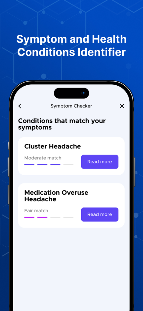 Medication List & Drug Guide - Pantalla de aplicación móvil que muestra la función de verificación de síntomas con posibles coincidencias de condiciones de salud como cefalea en racimos