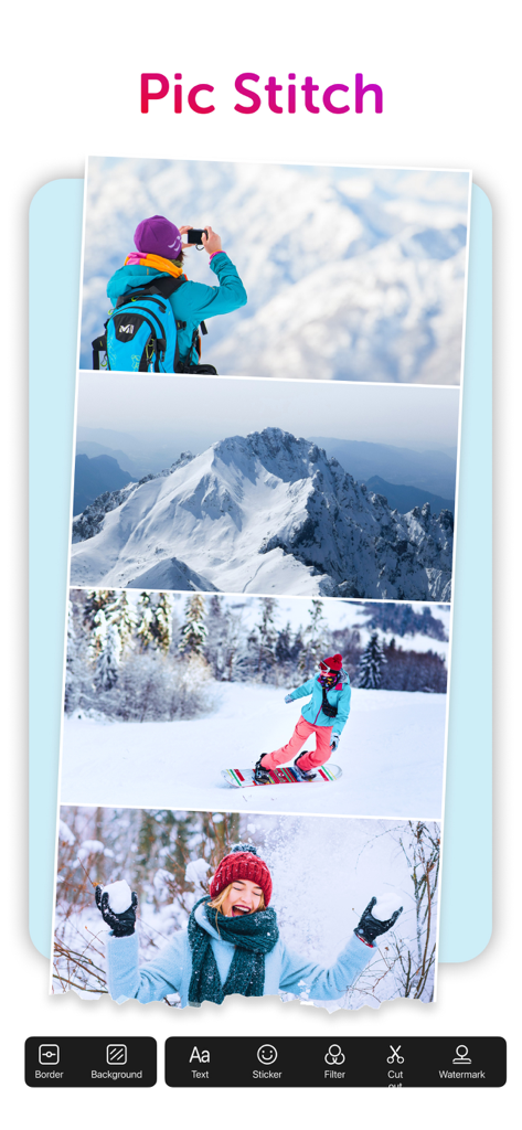Collage Maker: CollagePlus - A vertical photo collage featuring winter mountains and snowboarding scenes created with the Pic Stitch tool.