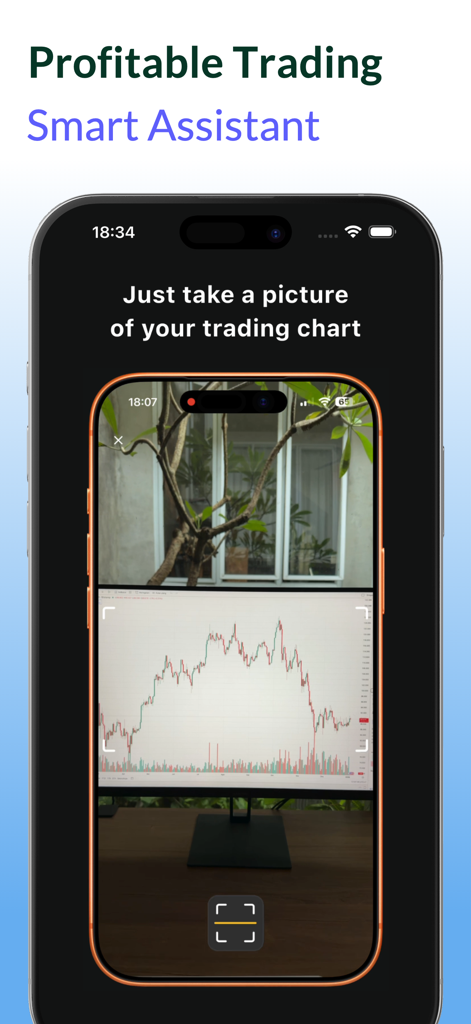 Câmera de smartphone escaneando um gráfico de trading para análise de IA no aplicativo Take Profit.