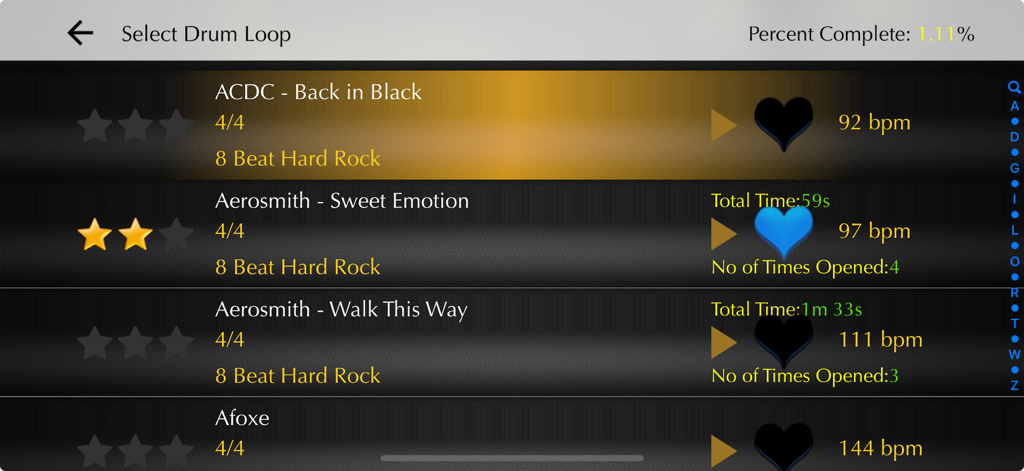 Interface showing a library of drum loops from famous bands like AC/DC and Aerosmith with BPM and progress tracking.
