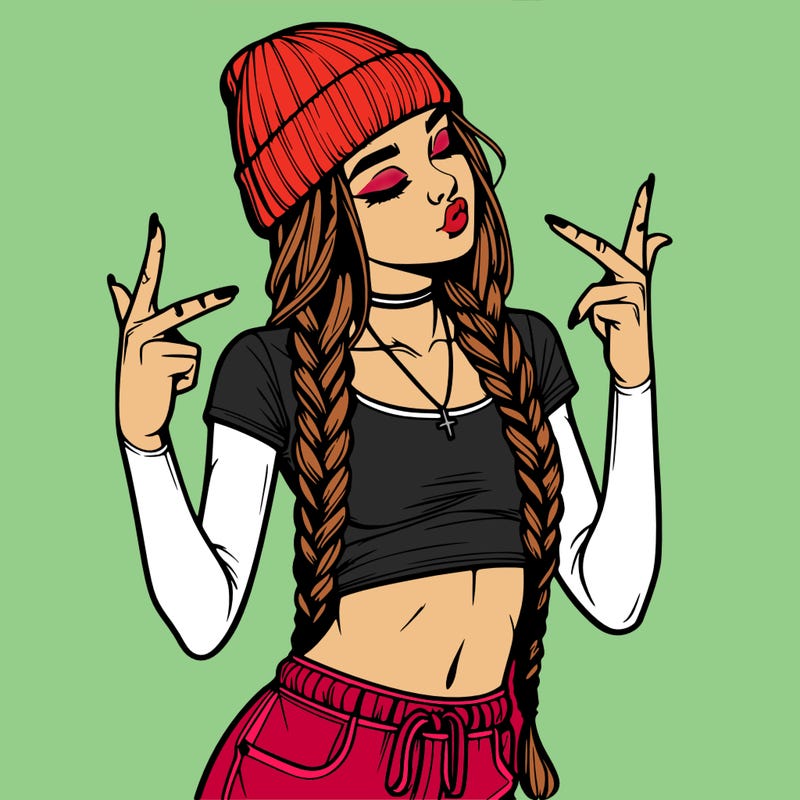 realistic teenage girl with braids and a beanie and crop top doing 🫶🏼