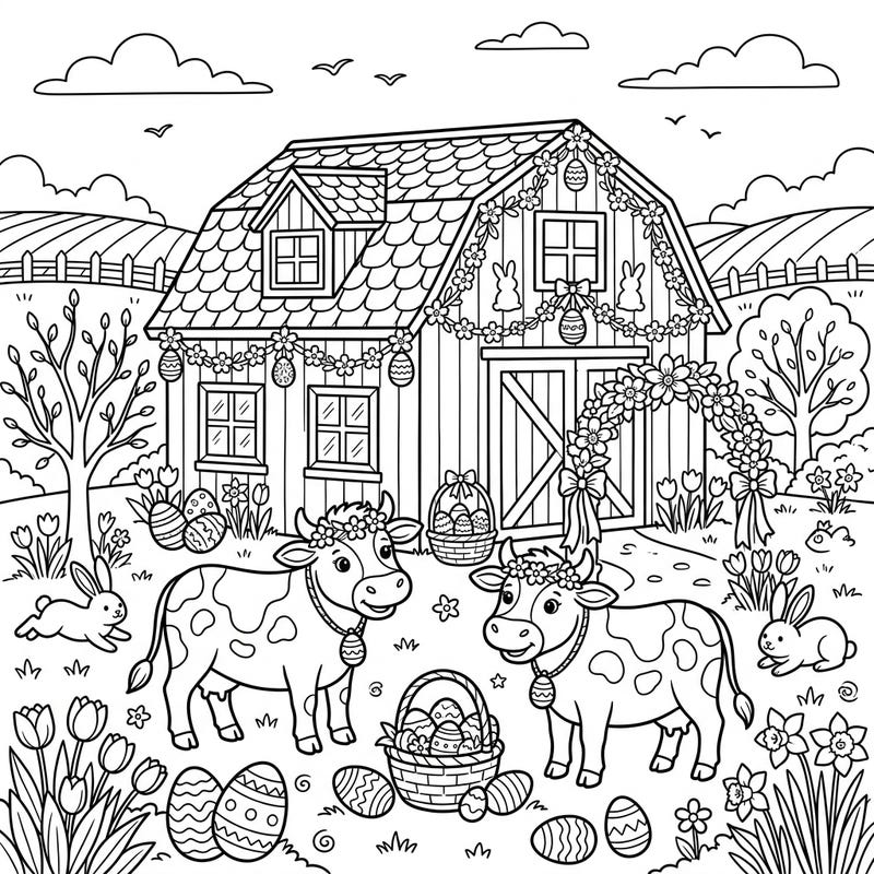 Celebrate Easter on the farm with this delightful coloring page featuring cheerful cows and a beautifully decorated cattle barn. Kids will adore adding vibrant colors to the festive eggs, playful bunnies, and blooming spring flowers.