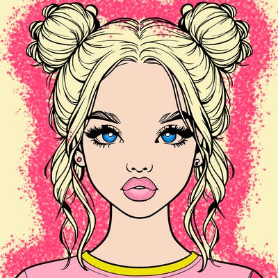 realistic girl with two buns in hair and lips