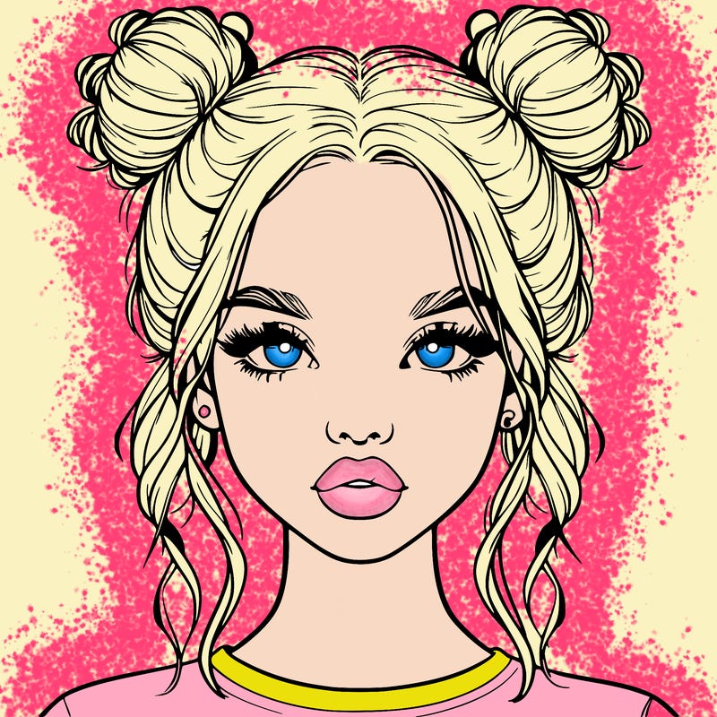 realistic girl with two buns in hair and lips