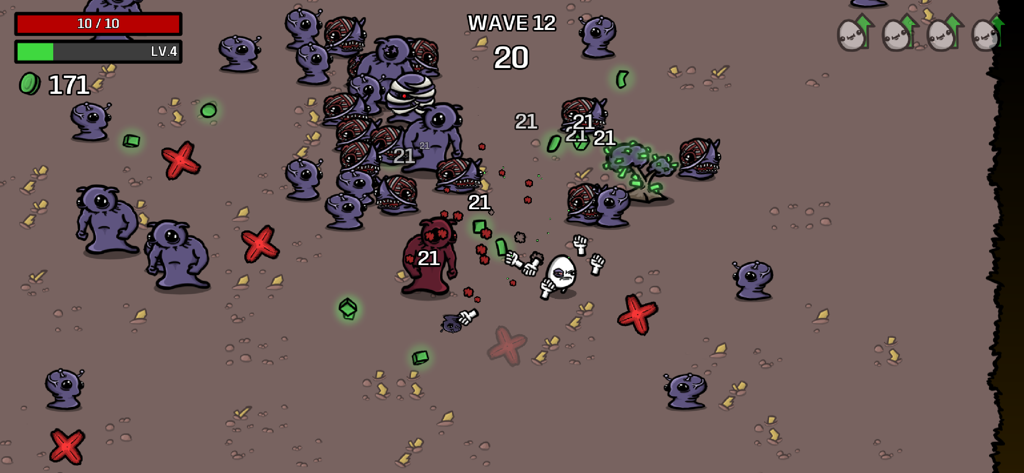 Brotato - Personaggio di Brotato che combatte alieni viola in un'arena sparatutto dall'alto