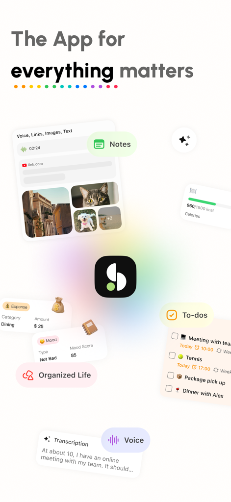 Sparky - Planner and Journal - Marketing graphic for Sparky app showing integrated features for notes tasks mood tracking and expense logging