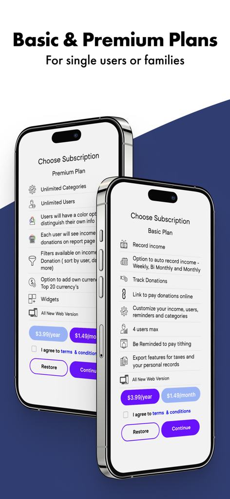 Comparison of the Basic and Premium subscription plans on the LDS Tithing Report app mobile interface.