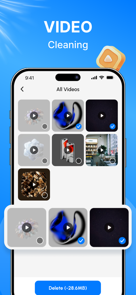 Smart Scan for Photos & Videos - Interfaz de la aplicación Smart Scan que muestra la función de limpieza de vídeo para eliminar vídeos duplicados