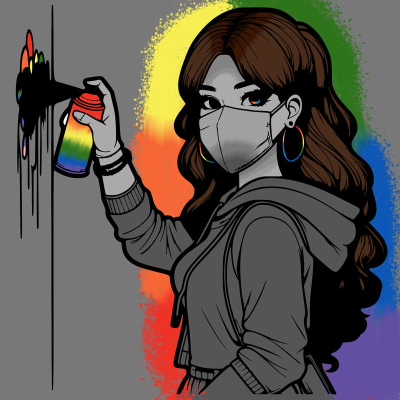 realistic girl with mask spray painting a wall