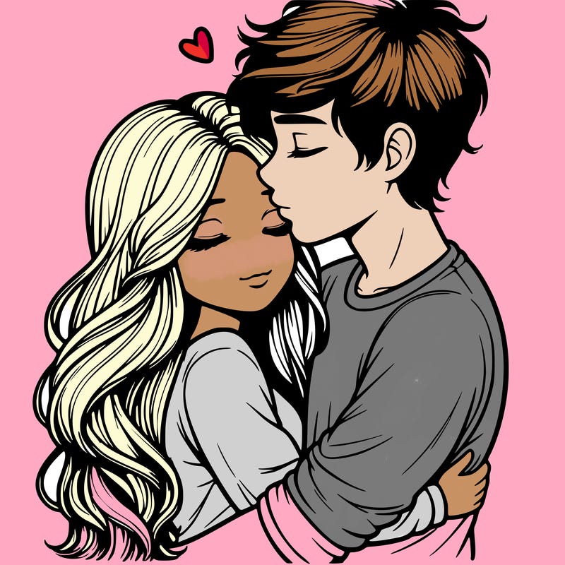 a realistic couple boy and girl hugging and kissing