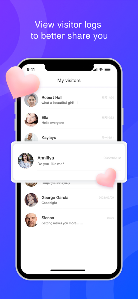Aoocat - Aoocat app screen showing the visitor log feature with profile names and messages