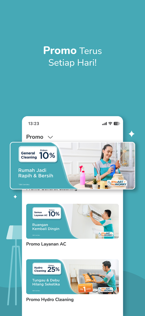 KliknClean - KliknClean Mobile App-Oberfläche, die tägliche Aktionsrabatte für professionelle Haushaltsreinigung und Klimaanlagenwartungsdienste anzeigt