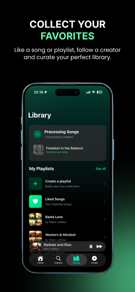 Innertune Music - A smartphone displaying the library screen of the Innertune Music app with playlists and liked songs