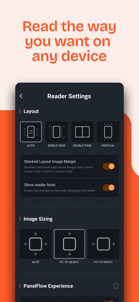 GlobalComix: The Comics App - GlobalComix app interface showing reader settings for layout image sizing and vertical scroll options