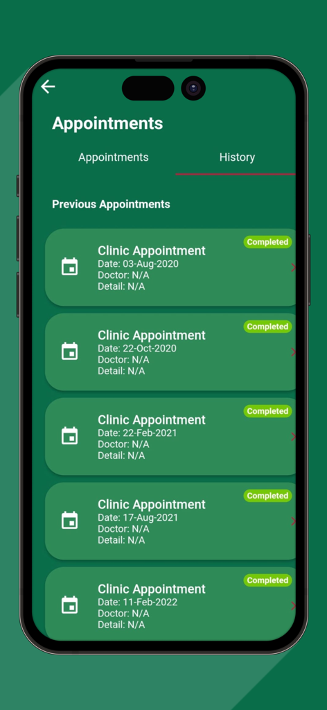 SPEEDY APP - Una pantalla de teléfono inteligente que muestra la sección del historial de citas de la aplicación Speedy con una lista de visitas clínicas completadas.